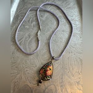Floral Butterfly Cloisonnne Pendant Necklace with Purple Cord